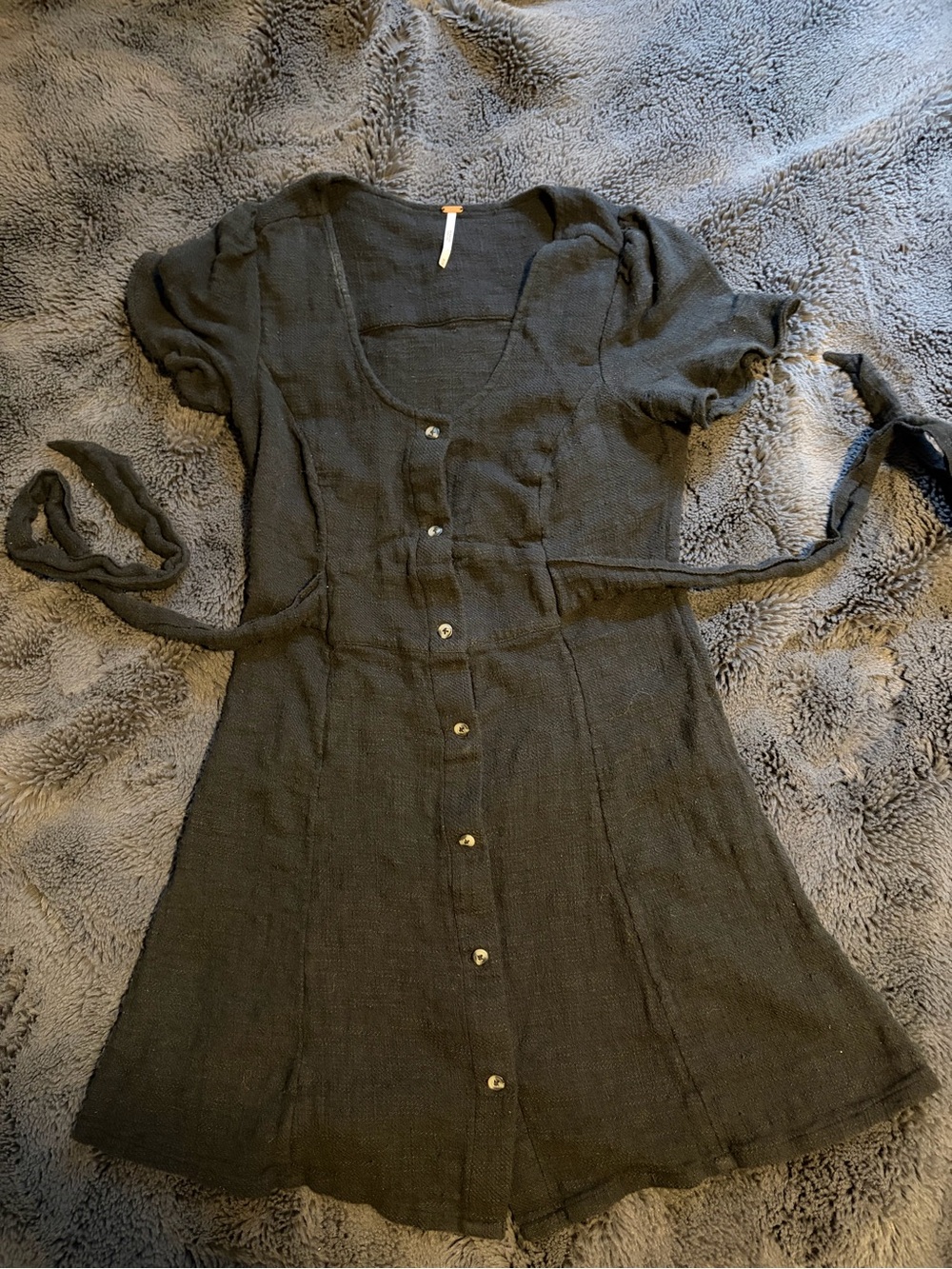 Free People Black Button-Front Mini Dress with Tie Waist
